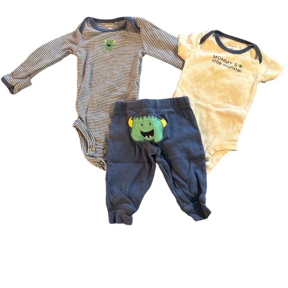 Carter's 3-piece Layered Newborn Baby Blue and White Monster Set